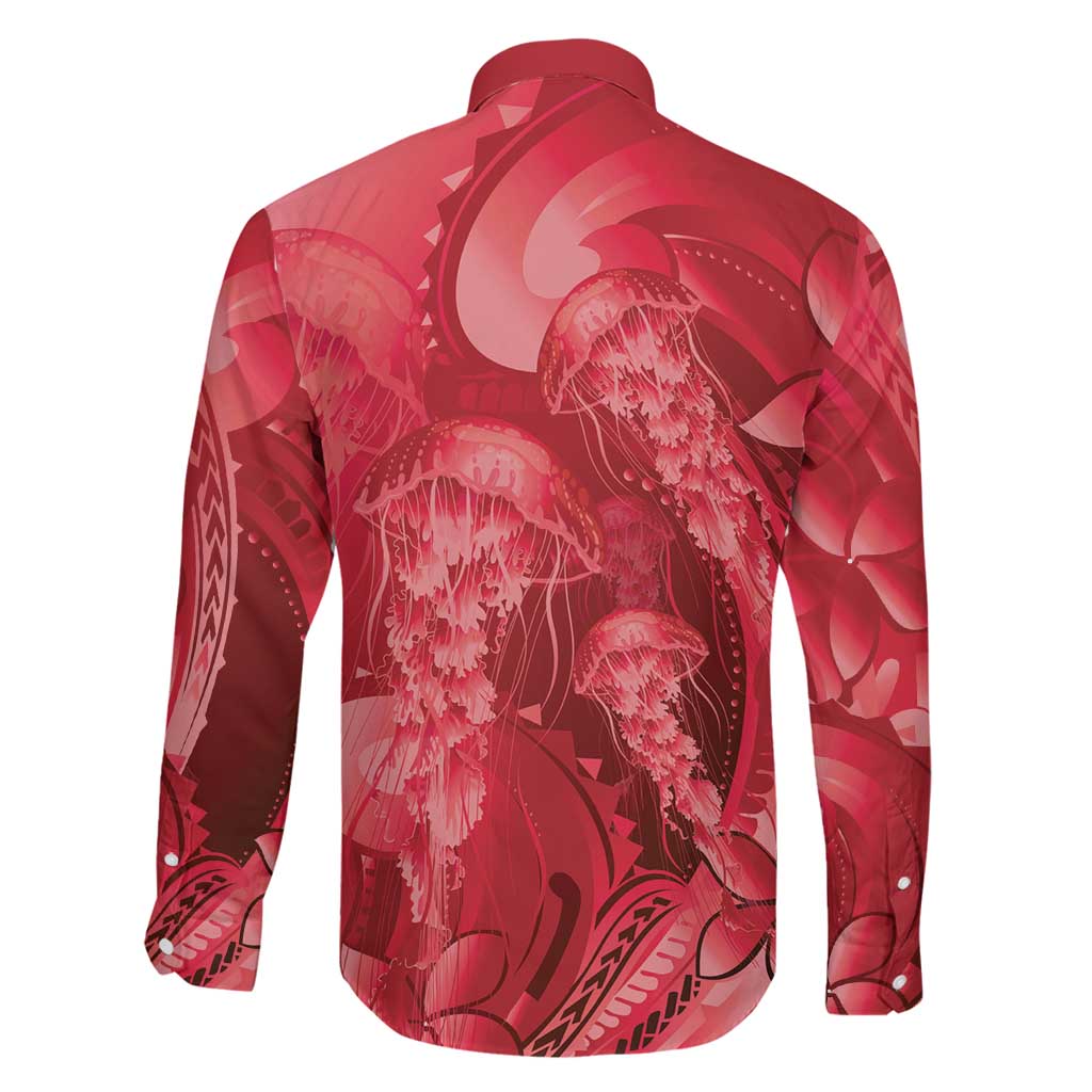 Red Gradient Polynesia Jellyfish Family Matching Off The Shoulder Long Sleeve Dress and Hawaiian Shirt Plumeria Polynesian Tattoo Glowing Vibes LT14 - Polynesian Pride