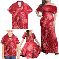 Red Gradient Polynesia Jellyfish Family Matching Off Shoulder Maxi Dress and Hawaiian Shirt Plumeria Polynesian Tattoo Glowing Vibes