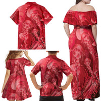 Red Gradient Polynesia Jellyfish Family Matching Off Shoulder Maxi Dress and Hawaiian Shirt Plumeria Polynesian Tattoo Glowing Vibes