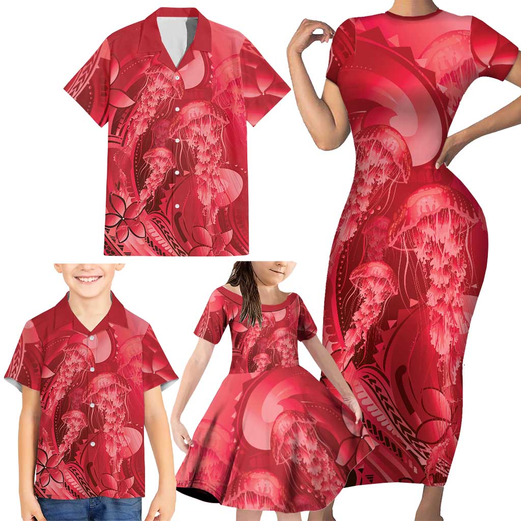 Red Gradient Polynesia Jellyfish Family Matching Short Sleeve Bodycon Dress and Hawaiian Shirt Plumeria Polynesian Tattoo Glowing Vibes LT14 - Polynesian Pride