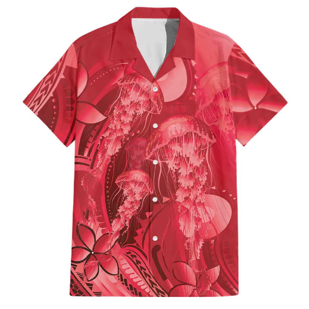 Red Gradient Polynesia Jellyfish Family Matching Short Sleeve Bodycon Dress and Hawaiian Shirt Plumeria Polynesian Tattoo Glowing Vibes LT14 Dad's Shirt - Short Sleeve Red - Polynesian Pride