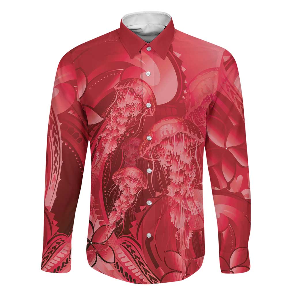 Red Gradient Polynesia Jellyfish Family Matching Short Sleeve Bodycon Dress and Hawaiian Shirt Plumeria Polynesian Tattoo Glowing Vibes LT14 Dad's Shirt - Long Sleeve Red - Polynesian Pride