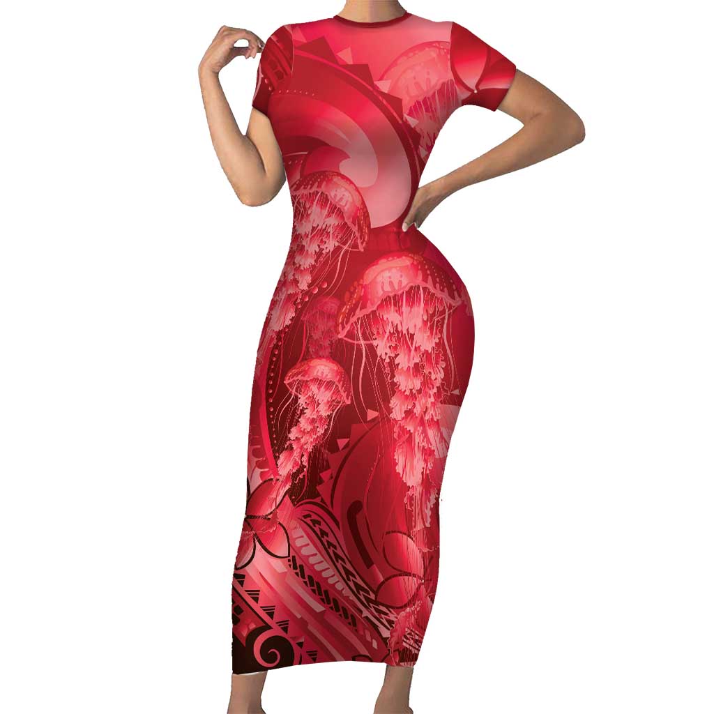 Red Gradient Polynesia Jellyfish Family Matching Short Sleeve Bodycon Dress and Hawaiian Shirt Plumeria Polynesian Tattoo Glowing Vibes LT14 Mom's Dress Red - Polynesian Pride