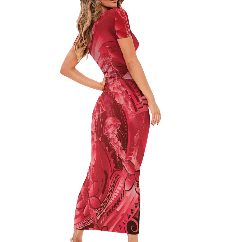 Red Gradient Polynesia Jellyfish Family Matching Short Sleeve Bodycon Dress and Hawaiian Shirt Plumeria Polynesian Tattoo Glowing Vibes LT14 - Polynesian Pride