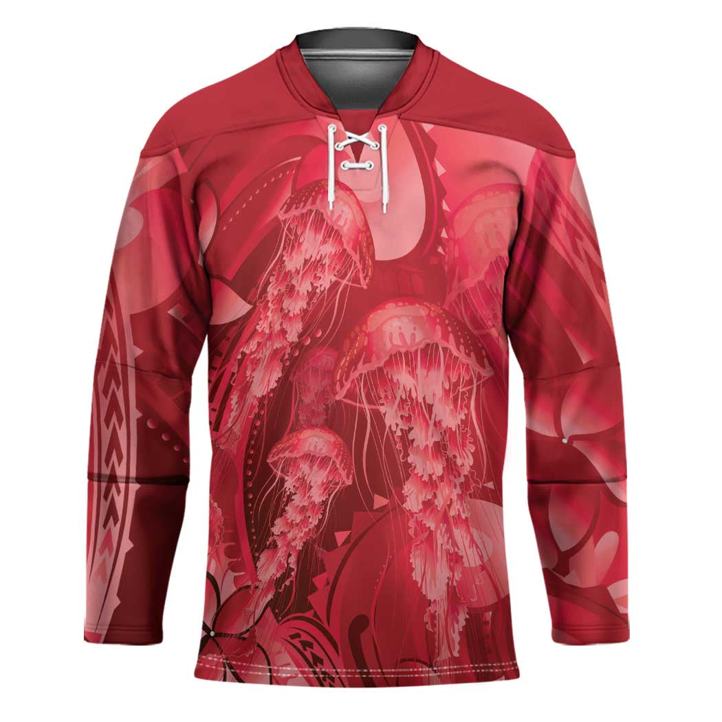 Red Gradient Polynesia Jellyfish Hockey Jersey Plumeria Polynesian Tattoo Glowing Vibes