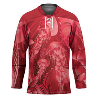 Red Gradient Polynesia Jellyfish Hockey Jersey Plumeria Polynesian Tattoo Glowing Vibes