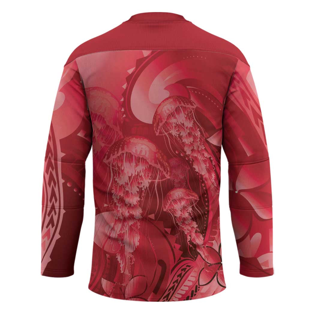 Red Gradient Polynesia Jellyfish Hockey Jersey Plumeria Polynesian Tattoo Glowing Vibes