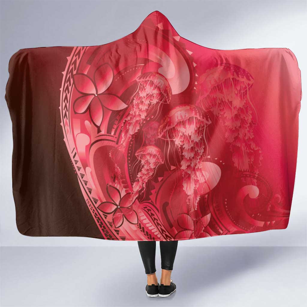 Red Gradient Polynesia Jellyfish Hooded Blanket Plumeria Polynesian Tattoo Glowing Vibes
