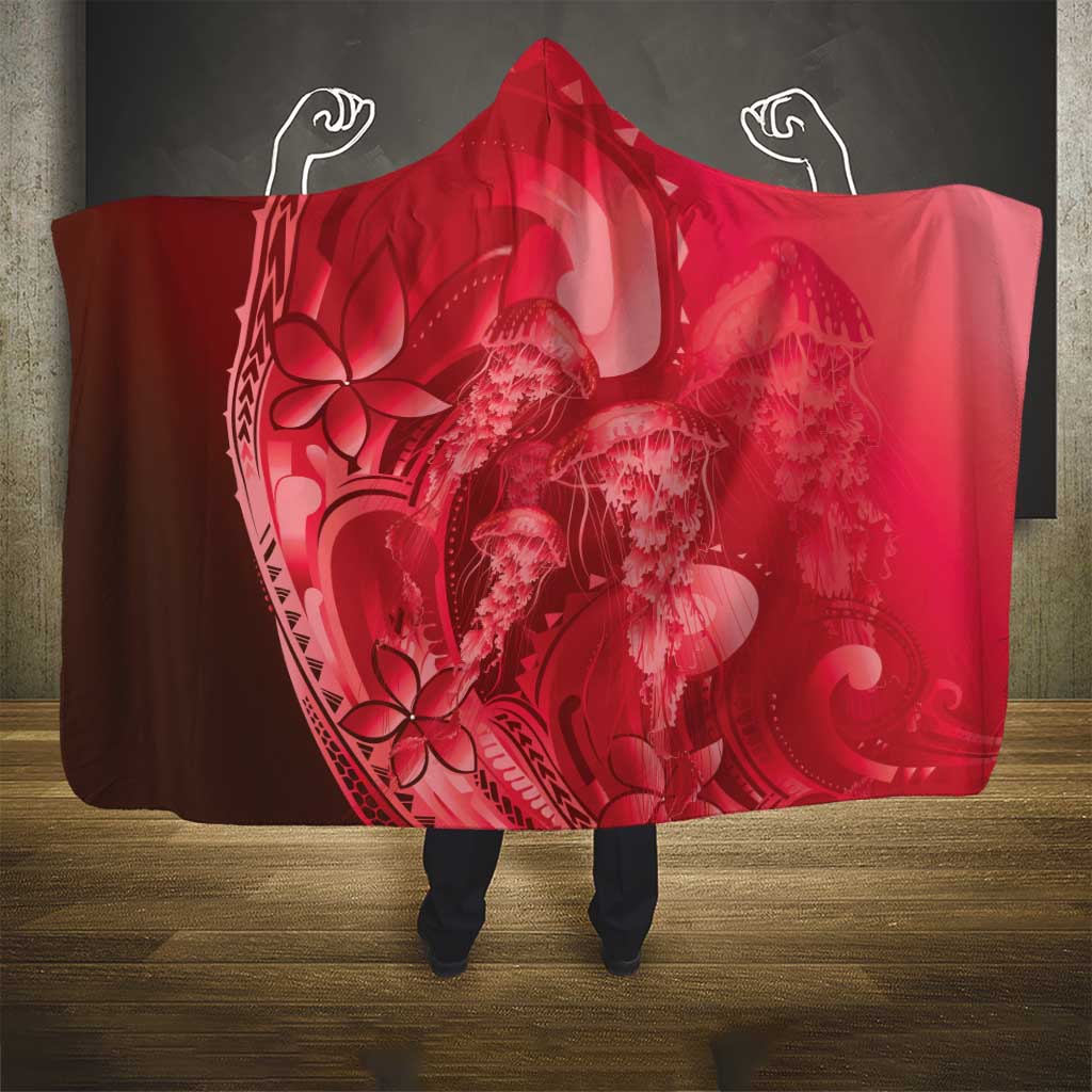 Red Gradient Polynesia Jellyfish Hooded Blanket Plumeria Polynesian Tattoo Glowing Vibes