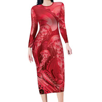 Red Gradient Polynesia Jellyfish Long Sleeve Bodycon Dress Plumeria Polynesian Tattoo Glowing Vibes