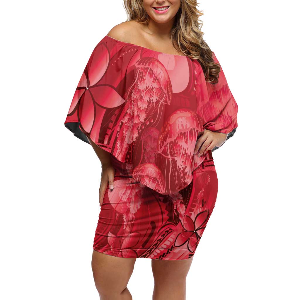 Red Gradient Polynesia Jellyfish Off Shoulder Short Dress Plumeria Polynesian Tattoo Glowing Vibes