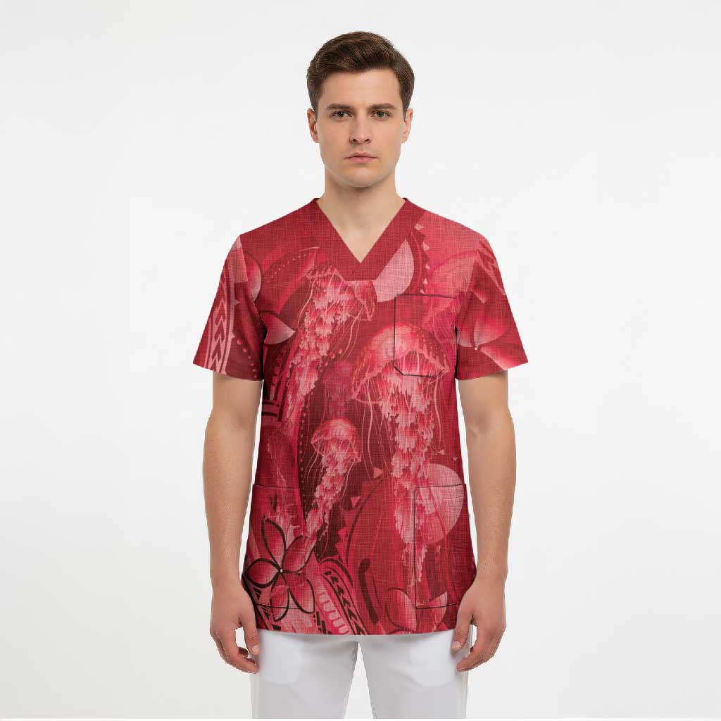 Red Gradient Polynesia Jellyfish Scrub Top Plumeria Polynesian Tattoo Glowing Vibes