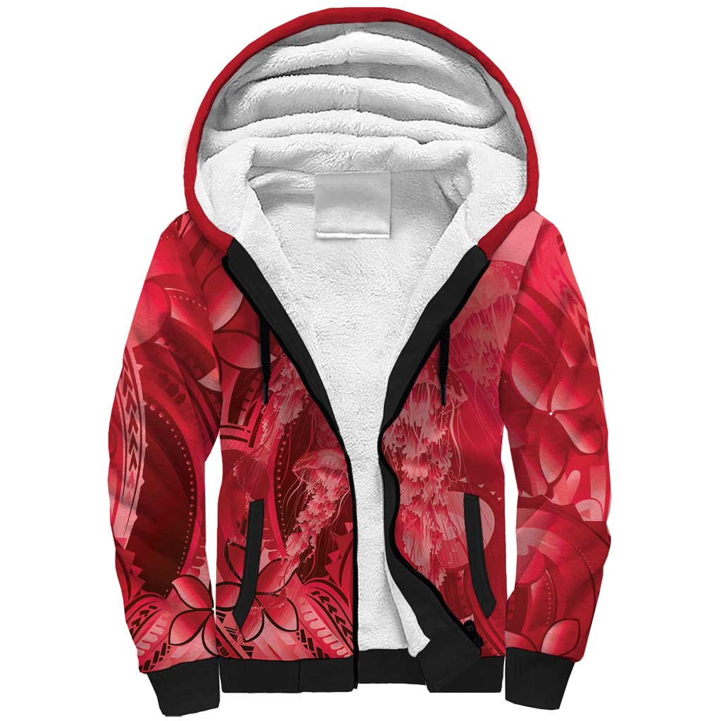 Red Gradient Polynesia Jellyfish Sherpa Hoodie Plumeria Polynesian Tattoo Glowing Vibes