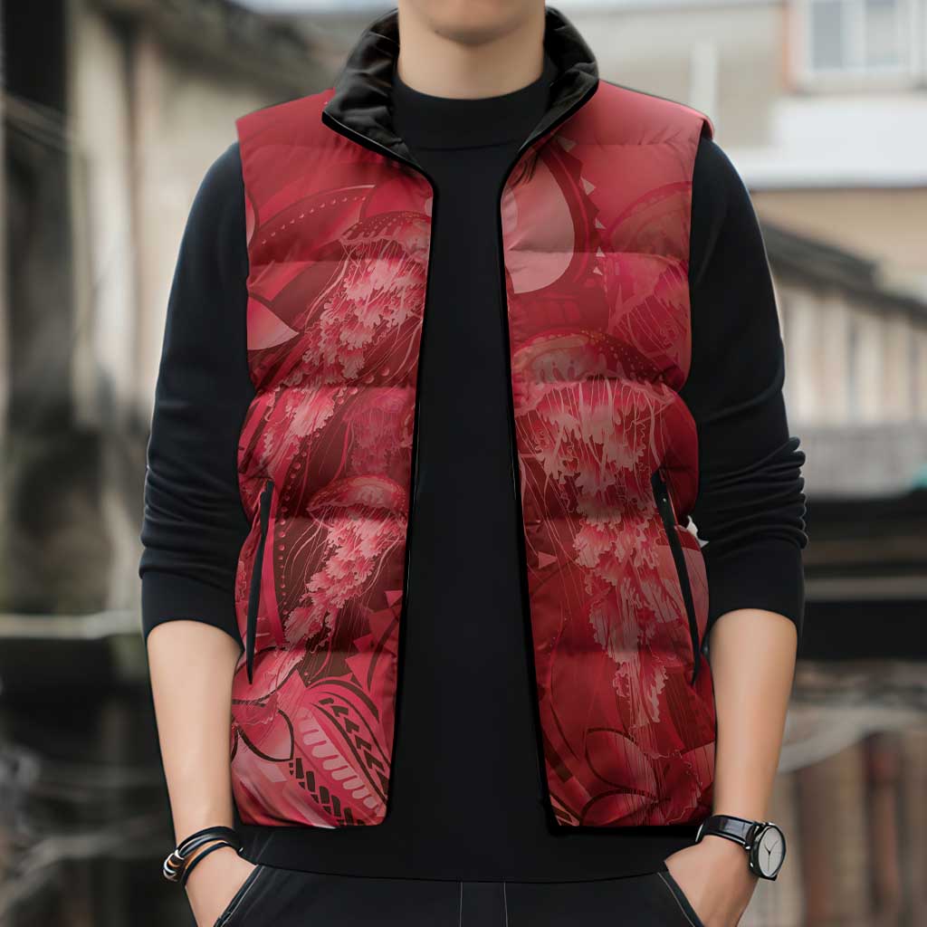 Red Gradient Polynesia Jellyfish Sleeveless Puffer Jacket Plumeria Polynesian Tattoo Glowing Vibes