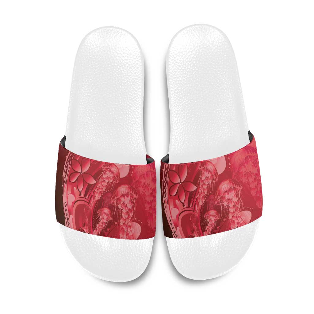 Red Gradient Polynesia Jellyfish Slide Sandals Plumeria Polynesian Tattoo Glowing Vibes