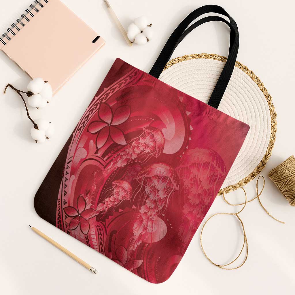 Red Gradient Polynesia Jellyfish Tote Bag Plumeria Polynesian Tattoo Glowing Vibes