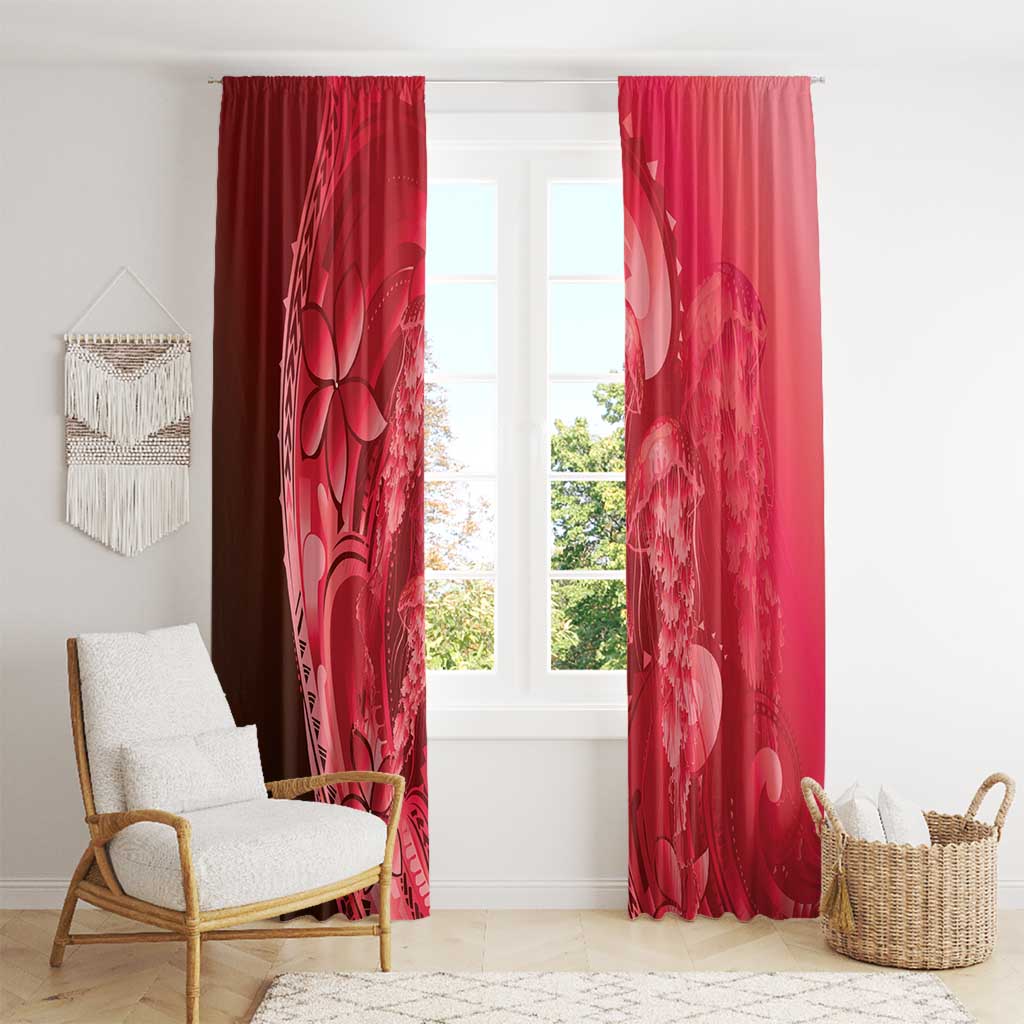 Red Gradient Polynesia Jellyfish Window Curtain Plumeria Polynesian Tattoo Glowing Vibes