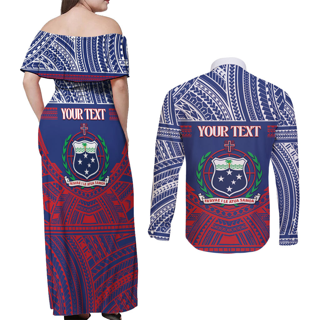 Personalised Samoa Independence Day Couples Matching Off Shoulder Maxi Dress and Long Sleeve Button Shirt 64th Anniversary Toa O Samoa