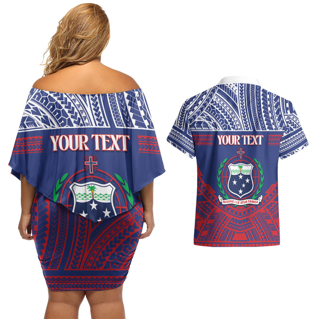 Personalised Samoa Independence Day Couples Matching Off Shoulder Short Dress and Hawaiian Shirt 64th Anniversary Toa O Samoa