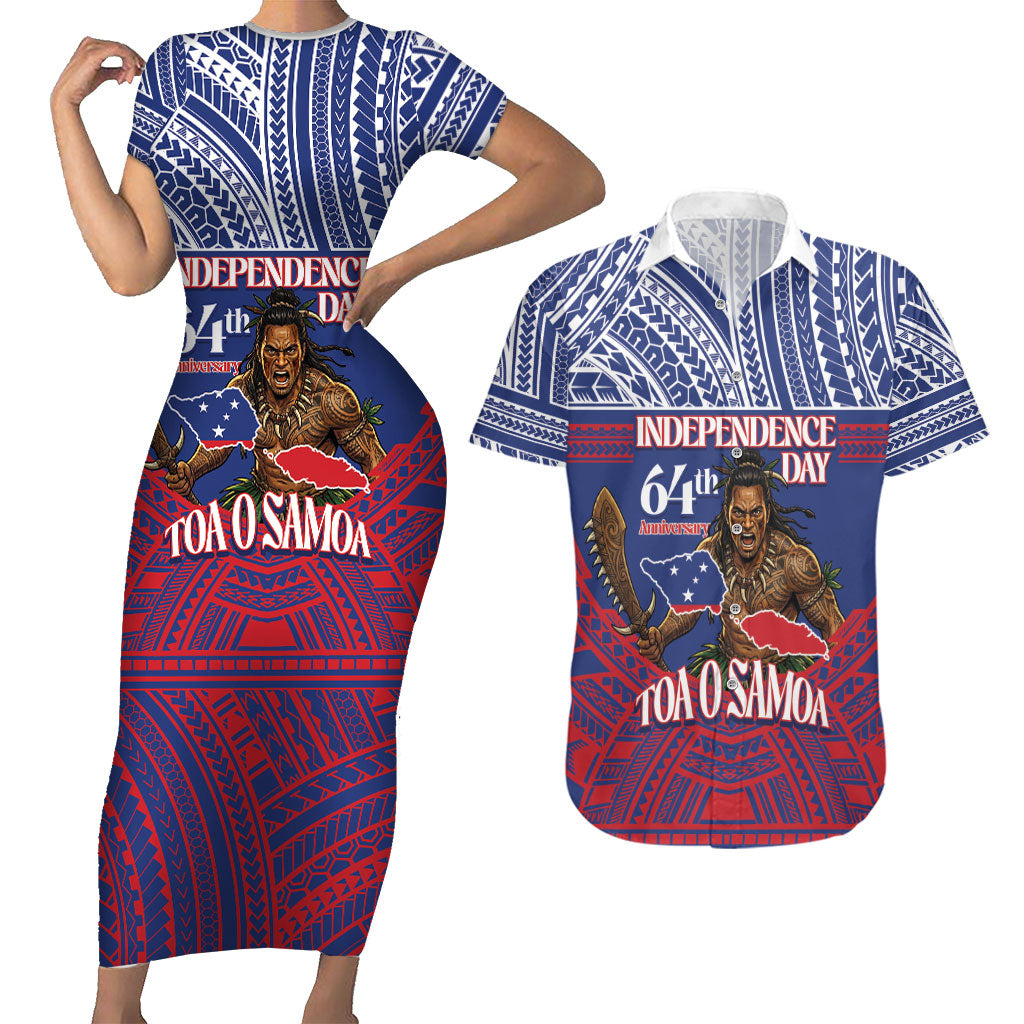 Personalised Samoa Independence Day Couples Matching Short Sleeve Bodycon Dress and Hawaiian Shirt 64th Anniversary Toa O Samoa