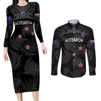 Custom New Zealand Silver Fern Football Couples Matching Long Sleeve Bodycon Dress and Long Sleeve Button Shirt Summer 2024 Olympic Go Aotearoa LT14 Black - Polynesian Pride