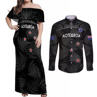 Custom New Zealand Silver Fern Football Couples Matching Off Shoulder Maxi Dress and Long Sleeve Button Shirt Summer 2024 Olympic Go Aotearoa LT14 Black - Polynesian Pride