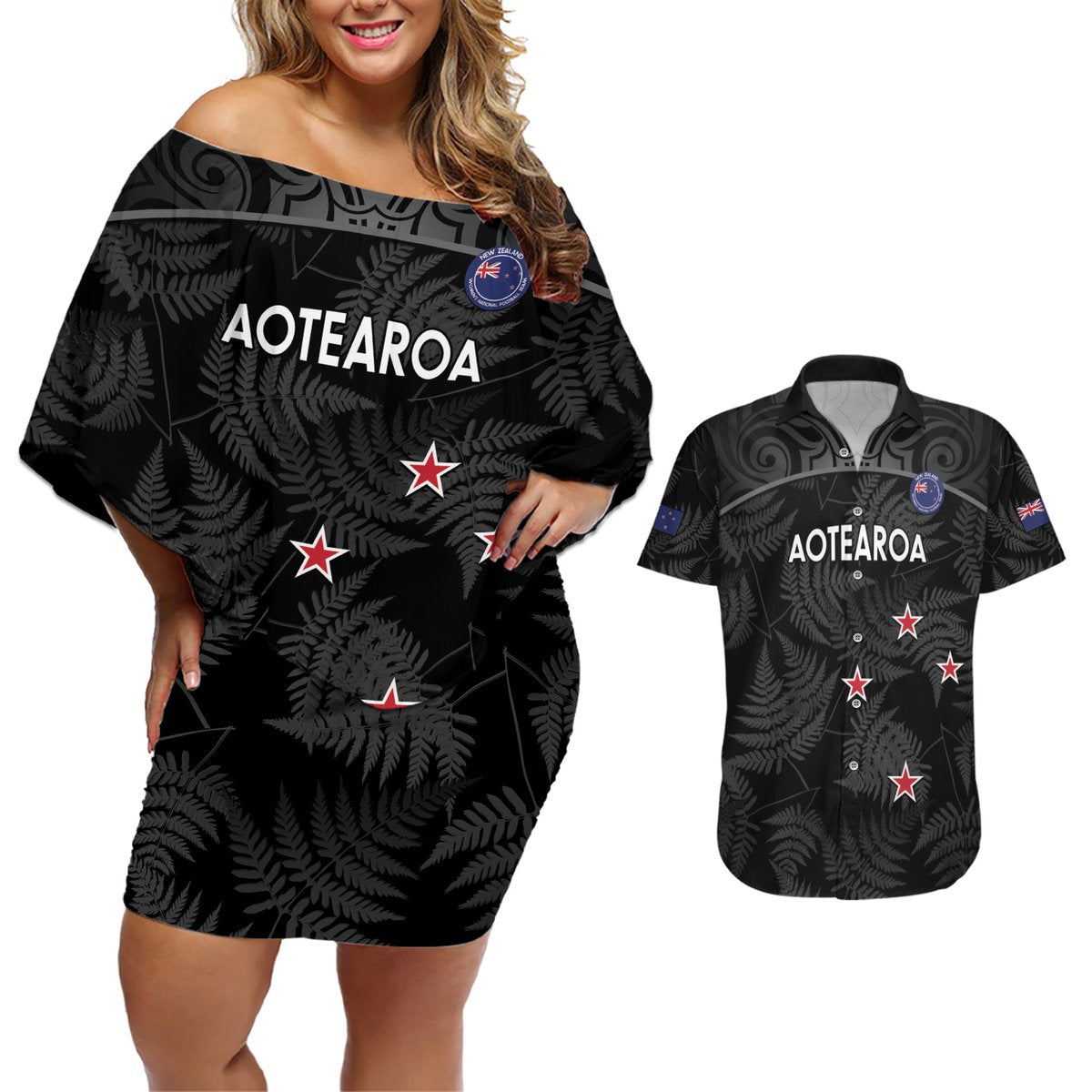 Custom New Zealand Silver Fern Football Couples Matching Off Shoulder Short Dress and Hawaiian Shirt Summer 2024 Olympic Go Aotearoa LT14 Black - Polynesian Pride