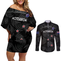 Custom New Zealand Silver Fern Football Couples Matching Off Shoulder Short Dress and Long Sleeve Button Shirt Summer 2024 Olympic Go Aotearoa LT14 Black - Polynesian Pride