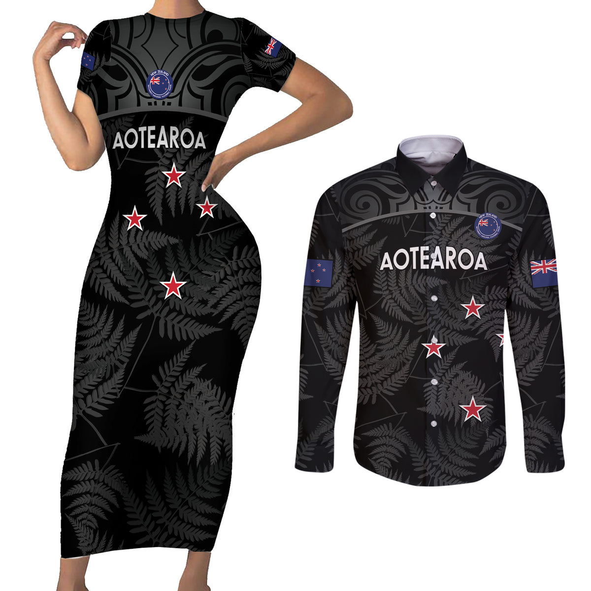 Custom New Zealand Silver Fern Football Couples Matching Short Sleeve Bodycon Dress and Long Sleeve Button Shirt Summer 2024 Olympic Go Aotearoa LT14 Black - Polynesian Pride