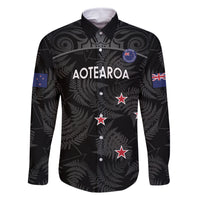 Custom New Zealand Silver Fern Football Family Matching Off Shoulder Maxi Dress and Hawaiian Shirt Summer 2024 Olympic Go Aotearoa LT14 Dad's Shirt - Long Sleeve Black - Polynesian Pride