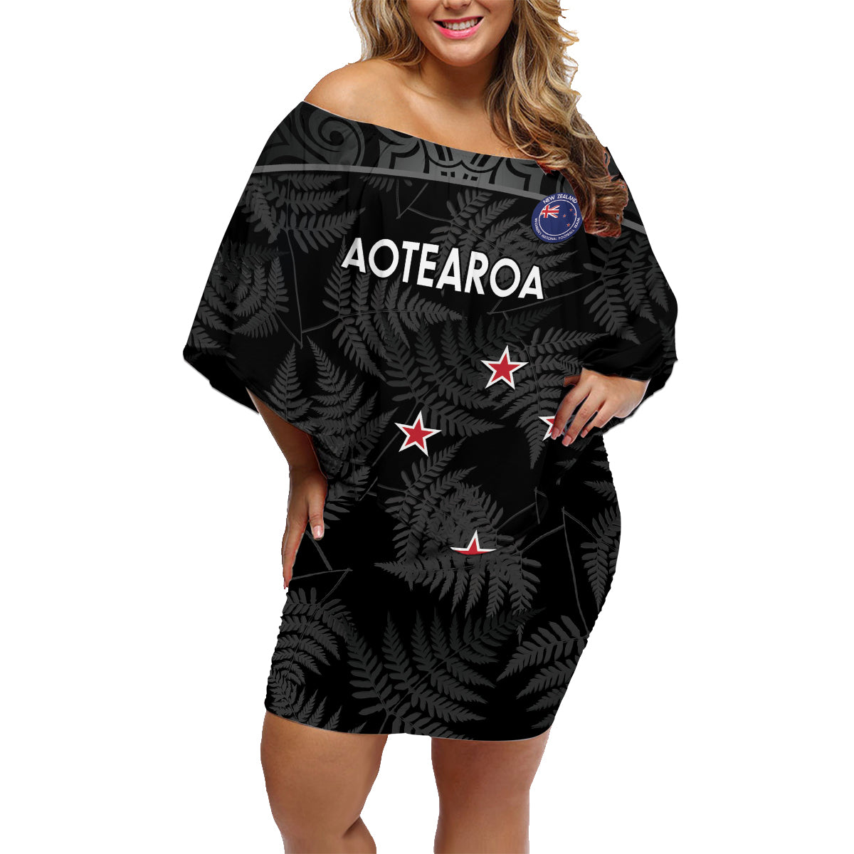 Custom New Zealand Silver Fern Football Family Matching Off Shoulder Short Dress and Hawaiian Shirt Summer 2024 Olympic Go Aotearoa LT14 Mom's Dress Black - Polynesian Pride