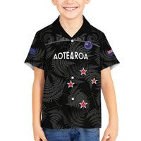 Custom New Zealand Silver Fern Football Family Matching Off Shoulder Short Dress and Hawaiian Shirt Summer 2024 Olympic Go Aotearoa LT14 Son's Shirt Black - Polynesian Pride