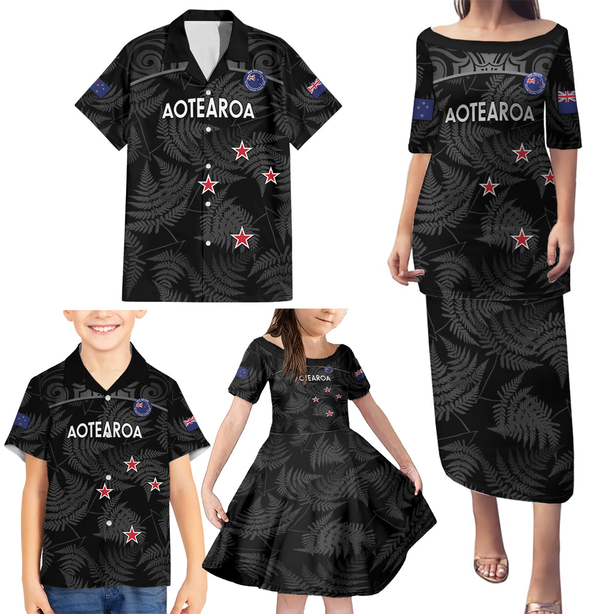 Custom New Zealand Silver Fern Football Family Matching Puletasi and Hawaiian Shirt Summer 2024 Olympic Go Aotearoa LT14 - Polynesian Pride