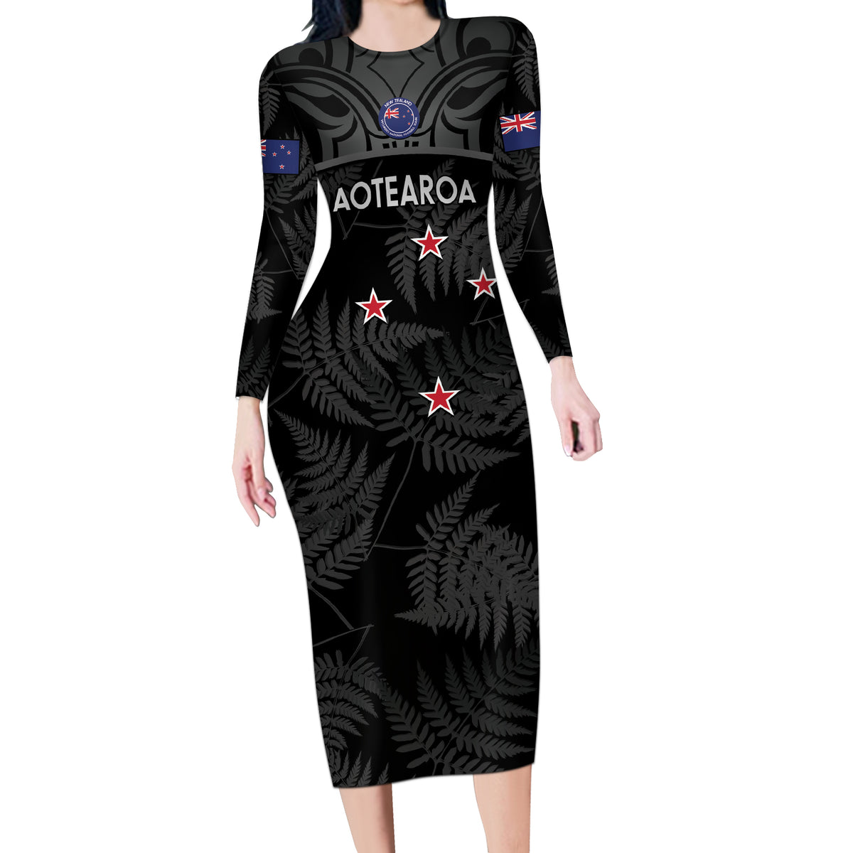 Custom New Zealand Silver Fern Football Long Sleeve Bodycon Dress Summer 2024 Olympic Go Aotearoa LT14 Long Dress Black - Polynesian Pride