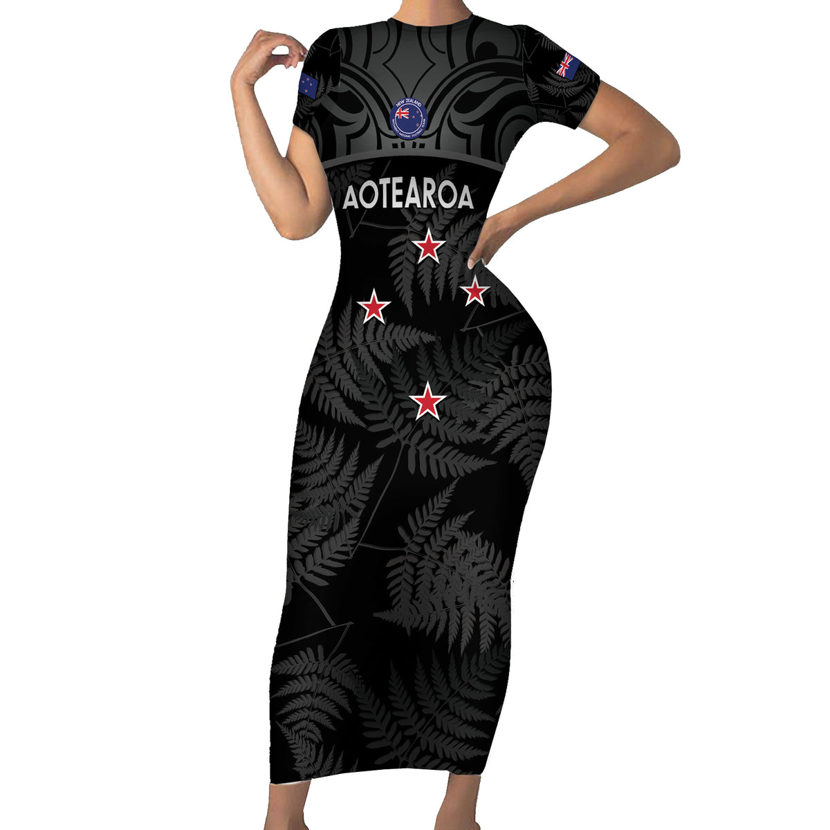 Custom New Zealand Silver Fern Football Short Sleeve Bodycon Dress Summer 2024 Olympic Go Aotearoa LT14 Long Dress Black - Polynesian Pride