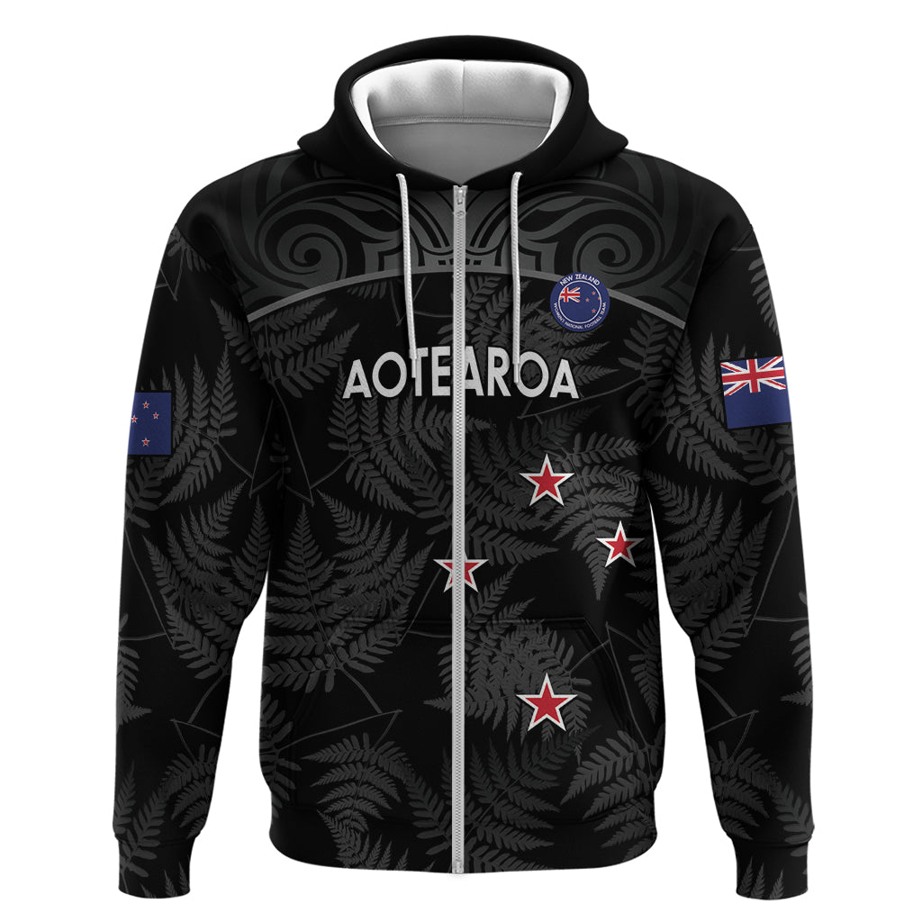 Custom New Zealand Silver Fern Football Zip Hoodie Summer 2024 Olympic Go Aotearoa LT14 Zip Hoodie Black - Polynesian Pride