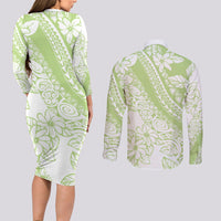 Polynesian Tiare Flower Sage Green Pastel Couples Matching Long Sleeve Bodycon Dress and Long Sleeve Button Shirt