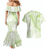 Polynesian Tiare Flower Sage Green Pastel Couples Matching Mermaid Dress and Hawaiian Shirt