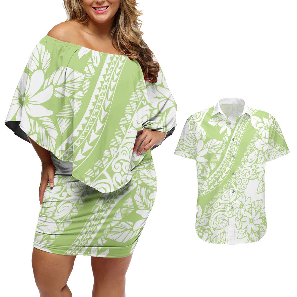 Polynesian Tiare Flower Sage Green Pastel Couples Matching Off Shoulder Short Dress and Hawaiian Shirt