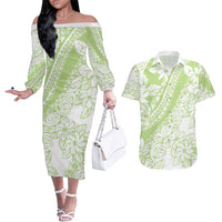Polynesian Tiare Flower Sage Green Pastel Couples Matching Off The Shoulder Long Sleeve Dress and Hawaiian Shirt