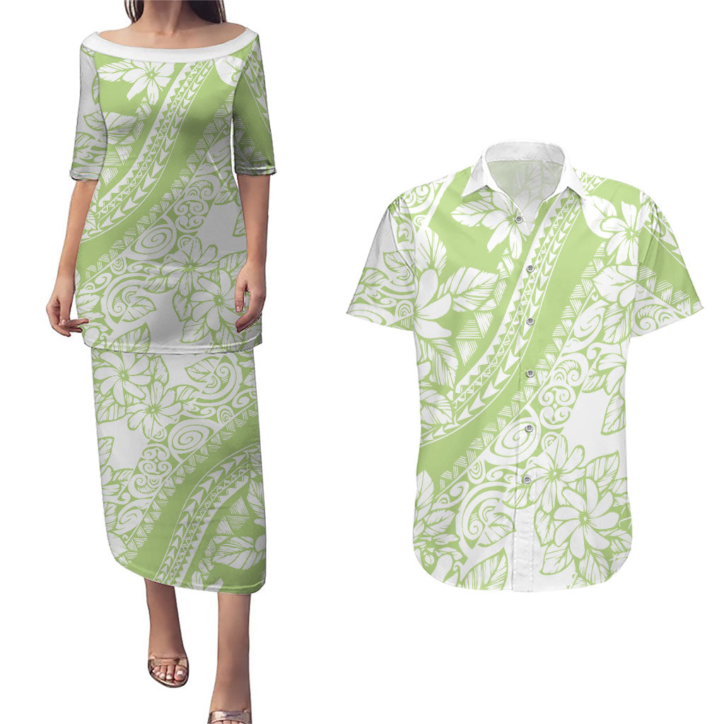 Polynesian Tiare Flower Sage Green Pastel Couples Matching Puletasi and Hawaiian Shirt