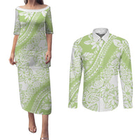 Polynesian Tiare Flower Sage Green Pastel Couples Matching Puletasi and Long Sleeve Button Shirt
