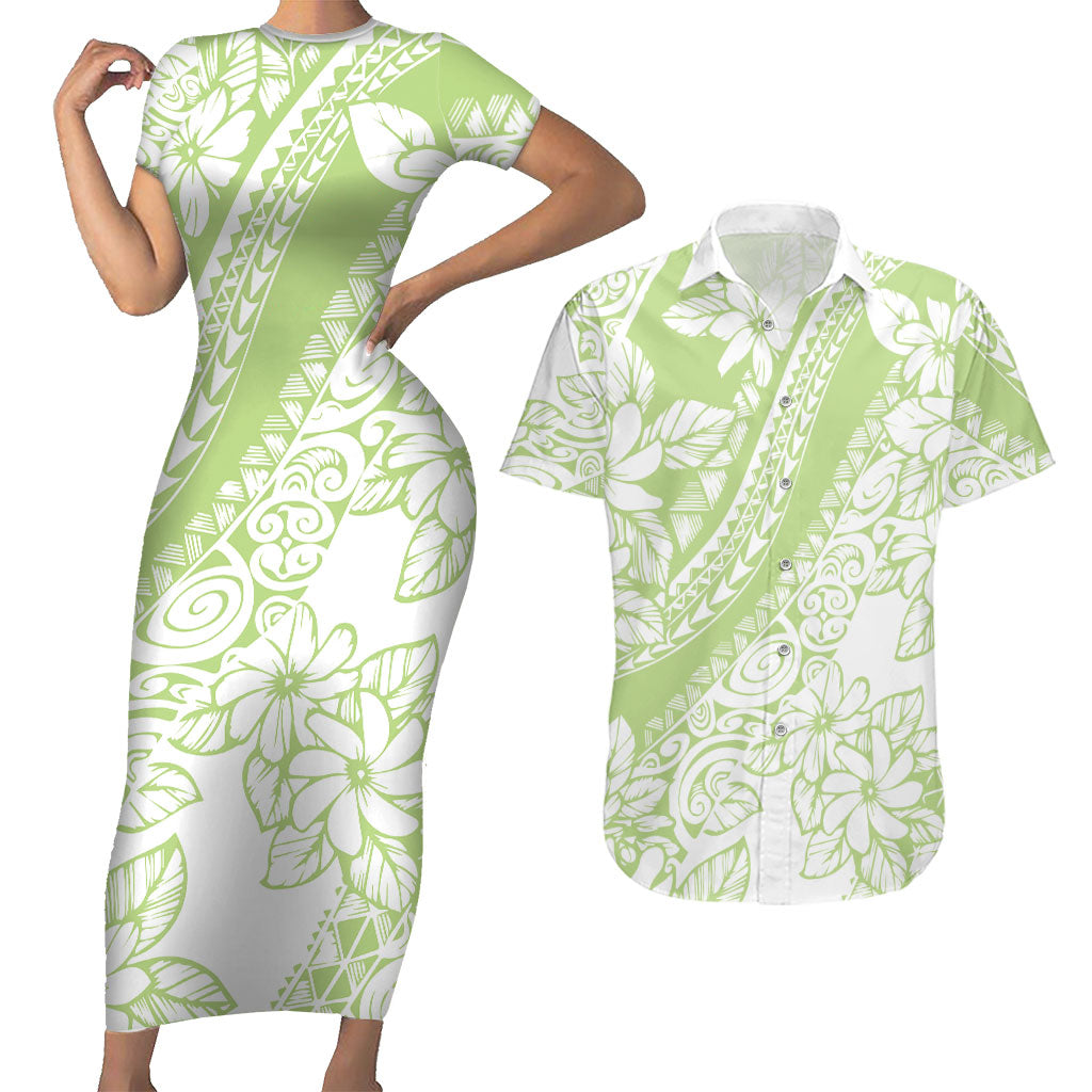 Polynesian Tiare Flower Sage Green Pastel Couples Matching Short Sleeve Bodycon Dress and Hawaiian Shirt