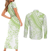Polynesian Tiare Flower Sage Green Pastel Couples Matching Short Sleeve Bodycon Dress and Long Sleeve Button Shirt