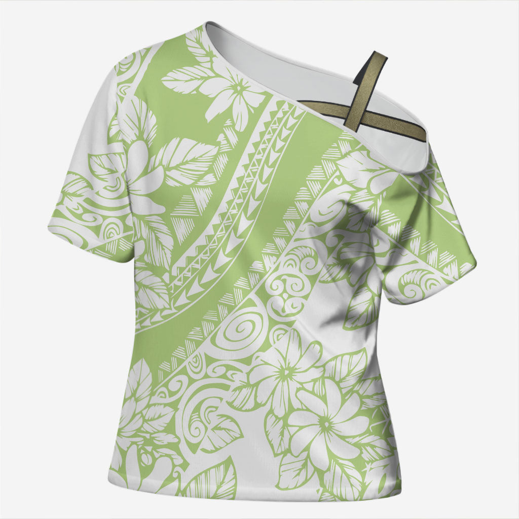 Polynesian Tiare Flower Sage Green Pastel Cross Shoulder Shirt