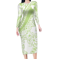 Polynesian Tiare Flower Sage Green Pastel Family Matching Long Sleeve Bodycon Dress and Hawaiian Shirt LT14 Mom's Dress Sage Green - Polynesian Pride