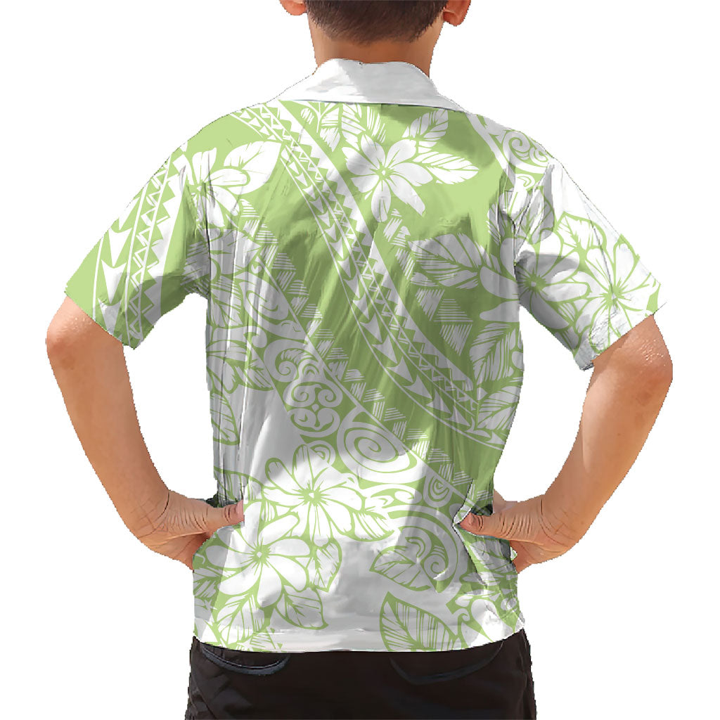 Polynesian Tiare Flower Sage Green Pastel Family Matching Off The Shoulder Long Sleeve Dress and Hawaiian Shirt LT14 - Polynesian Pride