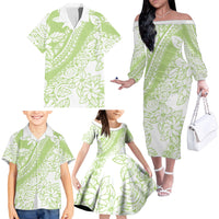 Polynesian Tiare Flower Sage Green Pastel Family Matching Off The Shoulder Long Sleeve Dress and Hawaiian Shirt LT14 - Polynesian Pride