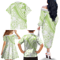 Polynesian Tiare Flower Sage Green Pastel Family Matching Off The Shoulder Long Sleeve Dress and Hawaiian Shirt LT14 - Polynesian Pride