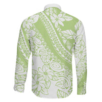 Polynesian Tiare Flower Sage Green Pastel Family Matching Off The Shoulder Long Sleeve Dress and Hawaiian Shirt LT14 - Polynesian Pride